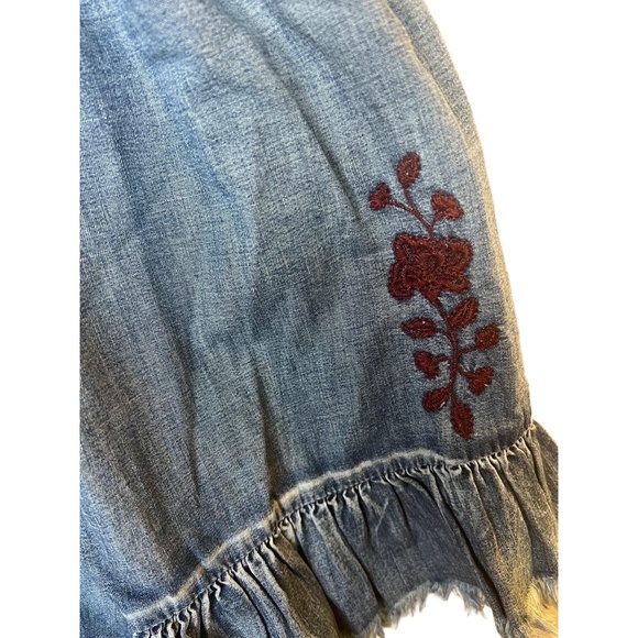 Denim Cotton Blouse Women Size L Embroidered Off Shoulder Ruffle Embroidered Y2K - Picture 7 of 9